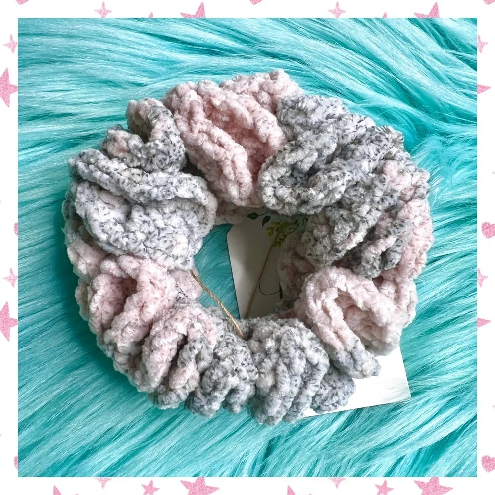Handmade Crochet VELVET Dusty Rose Stretchy Hair Scrunchie PinkRainCloud